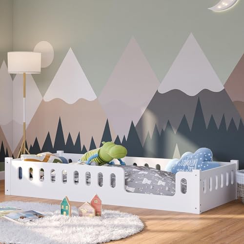 Bellabino Bodenbett Miera 90x200 cm, Montessori Kinderbett weiß, Bett für Kinder inkl. Rausfallschutz und Rolllattenrost mit Eingang aus MDF
