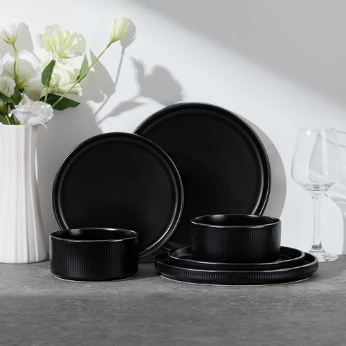 Image of E-far Stoneware Dinnerware Sets for 2, 6-Piece Plates and Bowls Sets, Chip & Scratch Resistant Ribbed Dish Set for Home Restaurant, Microwave & Dishwasher Safe, Matte Black