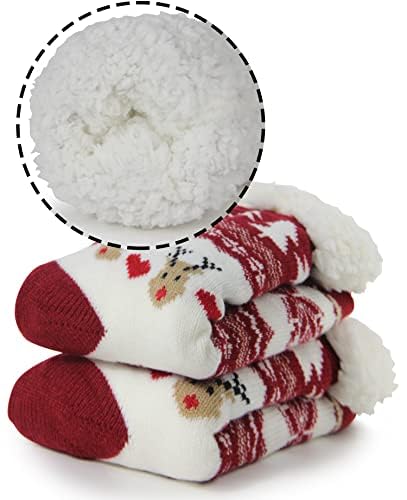 BenSorts Kids Thick Warm Slipper Socks 2 Pairs Purple Stripe Deer with 2 Pairs Christmas Red Blue Slipper Socks2