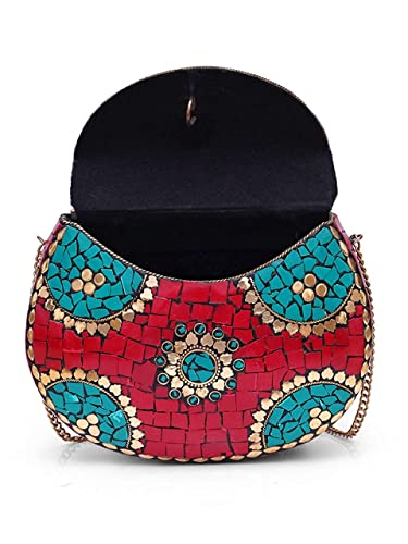 Image of Shakuntala Vintage Clutch - Metal Mosaic Stone & Shell Design Purse - Handmade Women's Handbag
