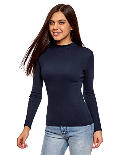 oodji Ultra Mujer Suéter Básico de Cuello Alto de Algodón, Azul, ES 36 / XS