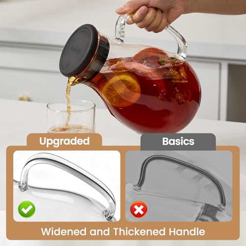 Image of 68oz Glass Pitcher with Lid - Borosilicate Jug for Hot /Cold Drinks, Leak-Proof Silicone Lid, Juice & Iced Tea Serveware for Family Kitchen, Small Fridge, and Daily Hydration (Round)