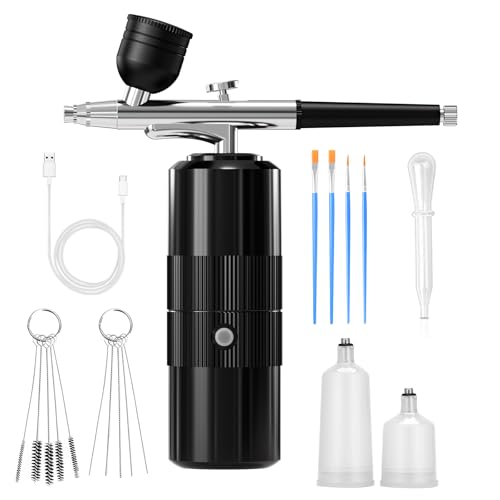Airbrush Kit with Compressor Portable Airbrush Kit 48PSI High-Pressure Non-Clogging Air Brush Set Cordless Rechargeable with 0.3mm Nozzle and Cleaning Brush for Painting,Nail Art, Makeup (black)