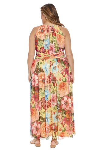 Image of London Times Women's London Times Mesh Halter Maxi Dress with Ruched Waistband Flowy Bohemian Beach Dresses