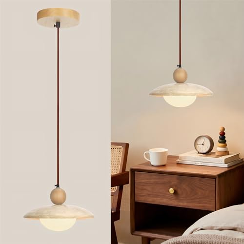 Wabi Sabi Pendant Light Yellow Travertine Japandi Japanese Minimalist Stone Light Fixture Adjustable Nordic Hanging Lamp for Kitchen Bedroom Vanity Japandi & Japanese Light Fixture(Natural wood color)