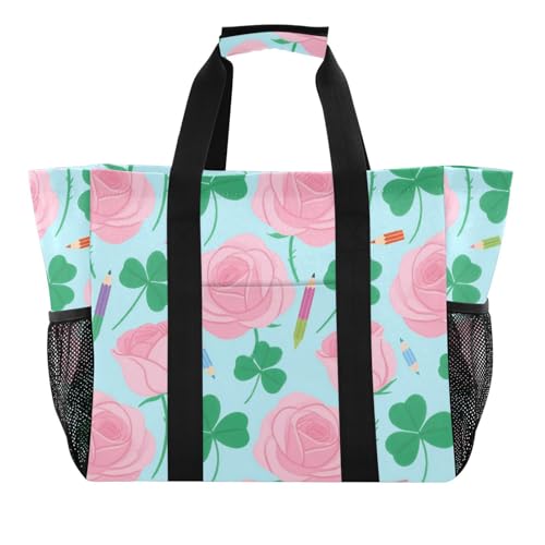 Pink Roses and Clover Beach Tote Pool Bags for Women Ladies Large Waterproof Gym Tote Carry On Bag for Weekender Swim Gym Shopping Travel Daily Bag