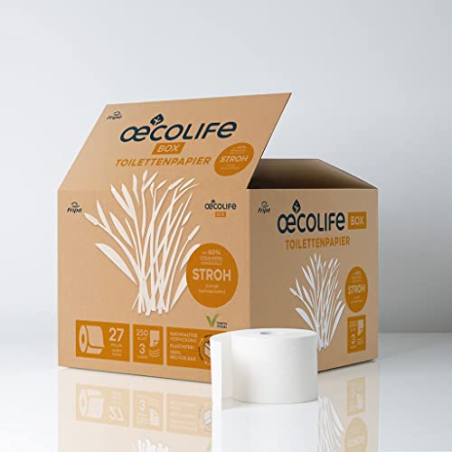 oecolife Toilettenpapier Box STROH, 3-lagig, 27 Rollen á 250 Blatt, kratzt nicht, superweich, plastikfrei verpackt, vegan, nachhaltiges Klopapier Cover