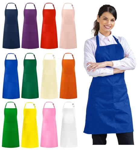 Image of Syntus 12 Pack Bib Apron, Unisex Aprons Adjustable Waterdrop Resistant with 2 Pockets Cooking Kitchen Apron for Chef, BBQ Drawing Apron Bulk, Multi-Color