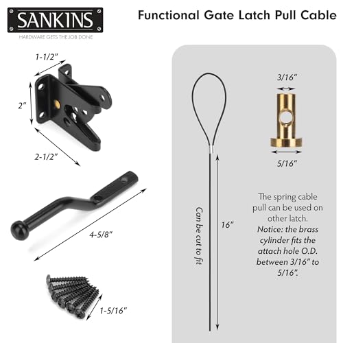 Image of Self-Locking Gate Latch with Spring Cable Pull for Wooden Fence Gate Heavy Duty, Post Mount Automatic Gravity Lever Gate Fence Door Latches for Wooden Fence Secure Pool Garden Shed, Black