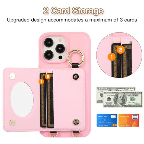 Étui Cuir iPhone 17 Pro Max Portefeuille Rose - Coque Cordon Collier Réglable Miroir - 2