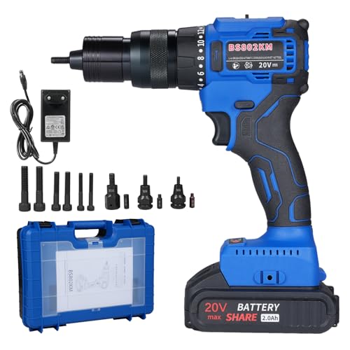 HUIOP 20V Remachadora inalámbrica con batería 2.0Ah, kit de tuercas de remache eléctrico 2 en 1 con modo de memoria y motor sin escobillas, máquina herramienta de remaches ciegos automática para