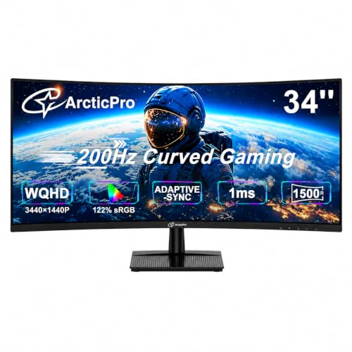 Image of ArcticPro 34inch 200Hz Curved Gaming Monitor, WQHD 3440 * 1440p Computer Monitor, 1ms MPRT, Adaptive sync, 1500R, Ultra Slim, 122% sRGB, Bluelight Filter, HDMI(TMDS)& DP Ports