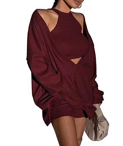 Image of ECDAHICC Women's Two Piece Outfits Knitted Halter Neck Crop Tank Tops and Oversized Off Shoulder Deep V Neck Pullover Sweater