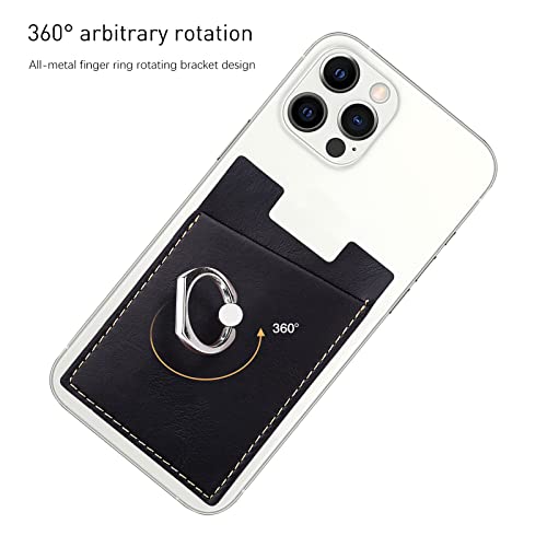 Phone Card Holder With Phone Ring, Ring Wallets Combine A Finger Grip, Phone Ring Stand & Credit Card Sleeve Into Thin Phone Wallets Stick On Universal To Any Cell Phone - Black Leather #TOP2