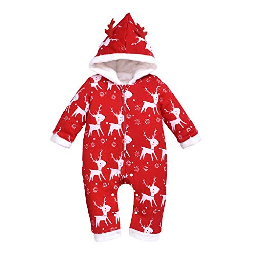 Infant Newborn Boy Girl Winter Fleece Snowsuits Warm Clothes 3-18 Months Christmas Deer Hooded Jumpsuit Coat (12-18 Months, Red)