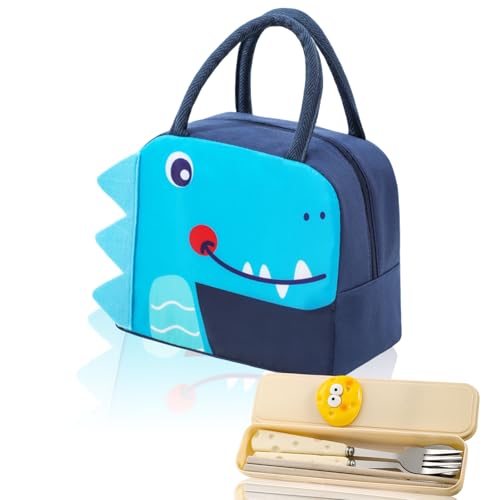 AYSYR Bolsa isotérmica para niños, impermeable, pequeña, térmica, pequeña bolsa isotérmica para viajes, bolsa de almuerzo para niños, con cubiertos para escuela, dinosaurios de dibujos animados