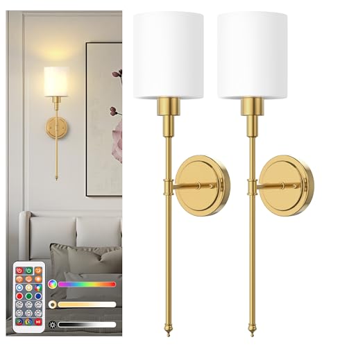 Image of DORESshop Battery Operated Wall Sconce Set of 2, Wireless Wall Light Easy to Install, 10 Color, Sconce Wall Decor Set of 2 for Bedroom, Living Room, Gold and Milky White Glass Shade, 24.3in