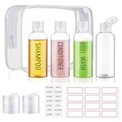 Travel Bottles for Toiletries 3.4oz/100ml 4 Pack TSA Approved Leak-Proof Travel Size Containers Squeezable Empty Plastic Toiletry Bottles Pre-printed Shampoo, Conditioner, Body Wash (Clear)
