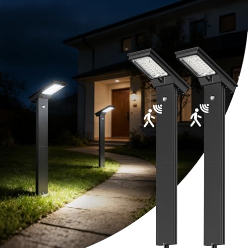 OUSFOT Luci Giardino Energia Solare con Sensore di Movimento, 4400mAh Faretti Solari da Giardino Set da 2, 32 LED 6500K Impermeabile Luci da Esterno Giardino Solari Potenti per Viali, Sentieri e Prati