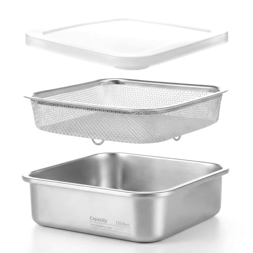 2 in 1 Stainless Steel Washing Up Bowl Set, 7.48" Sturdy Square Dish Tub with Colander, Fruit Vegetable Washing Basin, Food Box for Heating and Refrigeration Draining Rice, Pasta (1500ML)