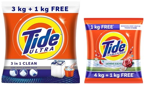 Image of Tide Ultra Stain Magnet Clean Semi-Auto & Hand Wash Detergent Washing Powder - 3 kg + 1 kg Free = 4 kg&Tide Plus Double Power Detergent Washing Powder - 4 Kg + 1 Kg Free (Jasmine And Rose), 1 Count