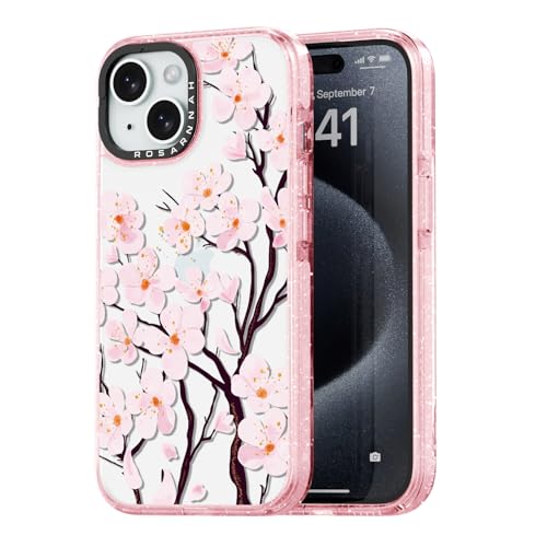 Coque iPhone 15 fleur de cerisier rose pailleté Rosarnnah antichoc