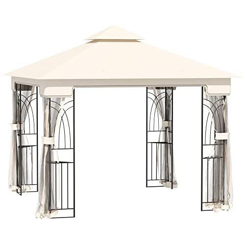 Outsunny Gartenpavillon mit Doppeldach Pavillon Gartenzelt Festzelt Partyzelt mit 4 x Seitenwand Metall+Polyester Cremeweiß 2,99 x 2,99 x 2,74 m