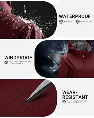 Outdoor Ventures Damen Softshell Lange Jacke mit Kapuze Fleece gefütterte Winddichte Jacke für Frauen Wasserdichte Windjacke Dunkelrot L