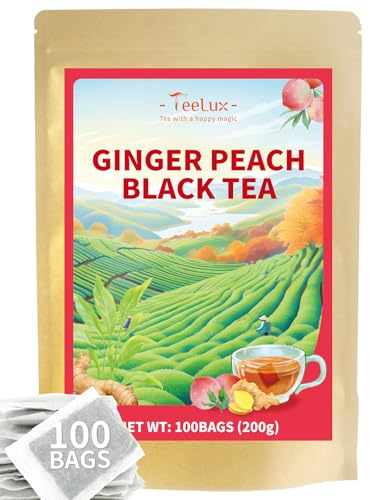 Image of TeeLux Peach Ginger Black Tea, Mellow Black Tea with Spicy Ginger & Peach Flavor, Caffeinated, 100 Count