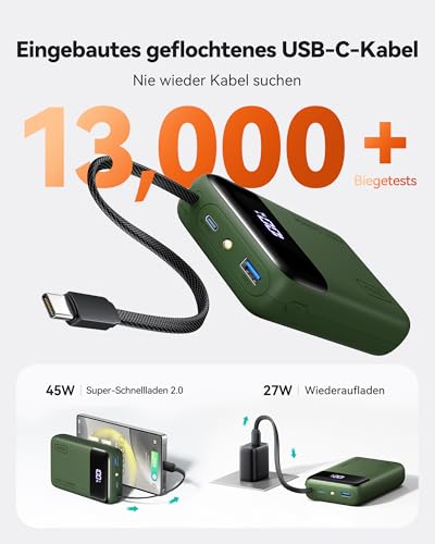 INIU 45W Power Bank, Ultra Klein 20000mAh Powerbank mit Integriertem USB C Kabel, Schnellladen Externe Handyakkus für Camping, Wandern, Outdoor Aktivitäten, Festival Nutzung, Grün 4