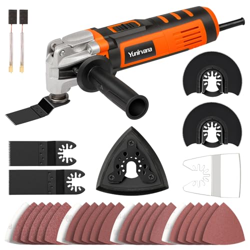 Yunirvana - Herramienta oscilante (400 W multifunción oscilante, 6 velocidades variables, 15000-22000 RPM, ángulo oscilante: 3 °,28 accesorios, multi herramienta oscilante para cortar, lijar