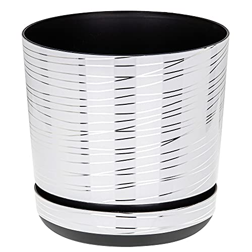 KORAD Modern White with Silver Stripes Indoor Plant Pot – Round Plastic Planter with Drainage Holes & Saucer – Decorative Flower Pot for Home, Office, Balcony (14 cm - 5.5 inch)