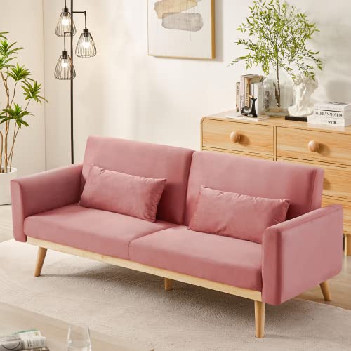 Awqm Velvet Futon Sofa Bed, Memory Foam Couch Set, Upholstered Modern Daybed Convertible Folding Loveseat Recliner With Pillows And Wooden Frame For Compact Living Room, Apartment, Dorm, Office (Pink) #TOP4
