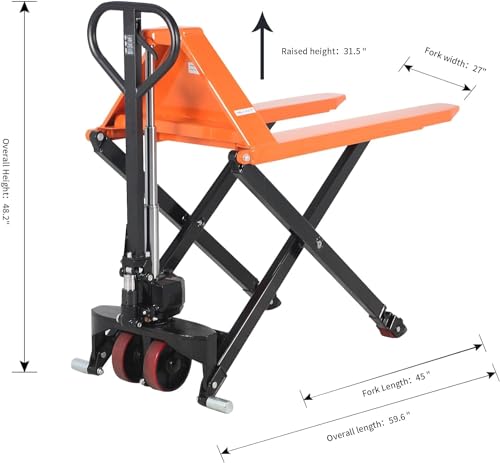 Tory Carrier High Lift Pallet Jack Scissor Hand Truck 45 \'\'Lx27 \'\'W Fork Size 2200lbs Capacity Manual Lift Trucks 31.5\" Lifting Height for EU Pallets