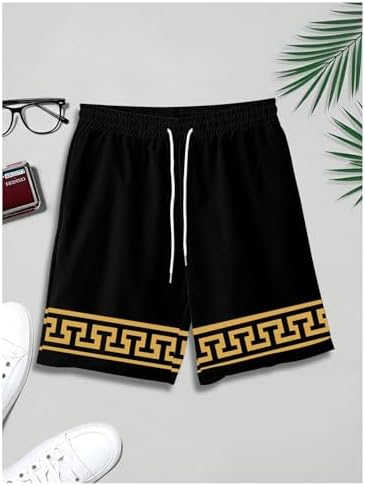 VIPWOLF Men's 2 Piece Outfits Graphic Print Button Up Shirt and Y2k Drawstring Shorts Vacation Beach Summer Clothes Black Geo X-Large — view 4
