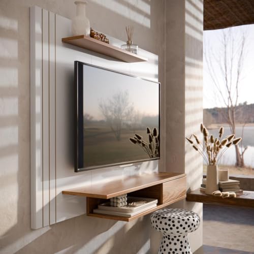 Painel Para TVs de Até 43 Polegadas Otto com Prateleiras - Branco com Cumarú - Gaio e Cia