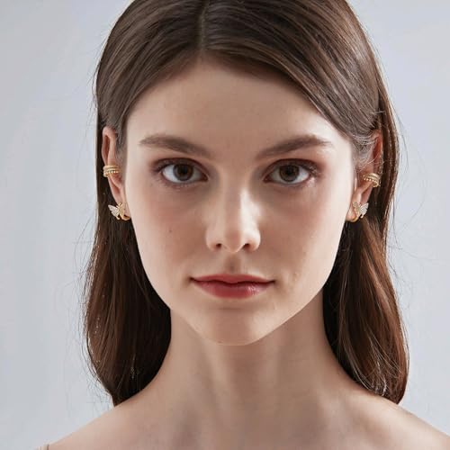MTMY Gold Ear Cuff Earring for Women 14K Gold Plated Cubic Zirconia Non-Pierced Clip on Cartilage Chunky Ear Cuffs Hypoallergenic Jewelry (triple) — view 4