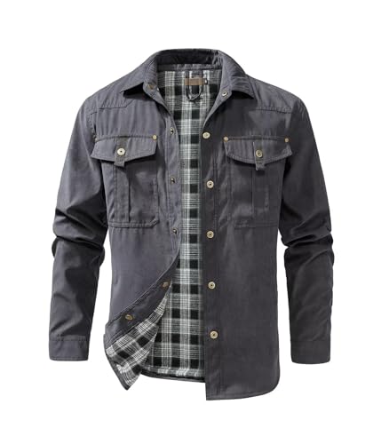 Image of FTIMILD Men's Flannel Lined Shirt Jacket Rugged Snap Button Shacket Cowboy Western Style Long Sleeve Outdoor Fall Jacket