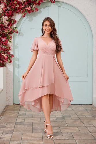 Chiffon Short Bridesmaid Dresses with Sleeves V Neck A Line Summer Tea Length Wedding Guest Dresses for Women4
