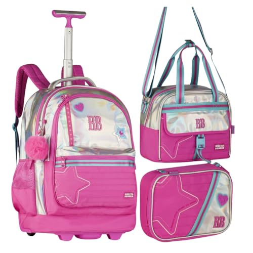 Kit Mochila Rodinhas Holográfica Rosa Rebecca Bonbon RB com Lancheira, Estojo Box coleção 2026 Volta as Aulas Original