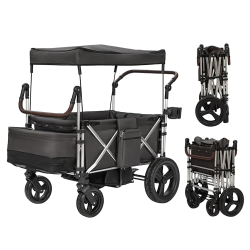Real Relax Wagon Stroller for 4 Kids: Folding 4 Seater Stroller Wagon with 5-Point Safety Belt, Collapsible Push Toddler Wagon Cart with Canopy, All-Terrain Mobility Wheels