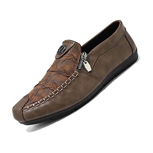 Men's Vintage Leather Zipper Loafers Slip On Comfortable Soft Sole Moccasin Boat Shoes Stylish Casual Driving Walking Shoes