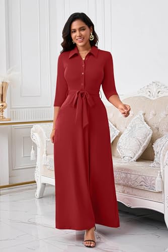 Image of Runwind Women Church Maxi Dresses 3 /4 Sleeve Button Down Print Casual Office Dress African