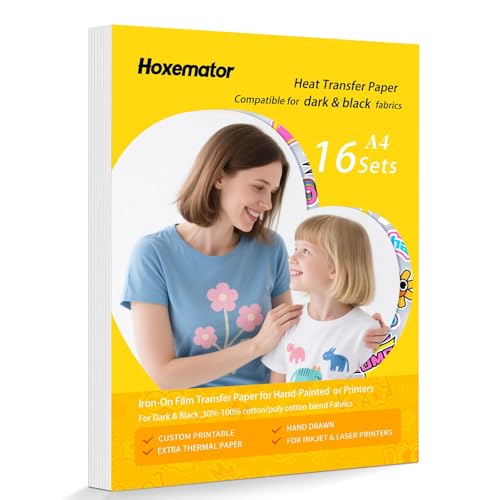 Hoxemator Papel Transfer para Camisetas y Telas Claras [16 Hojas] Papel Transfer Textil Imprimible para Impresora Inkjet y Láser, Vinilo Textil Termoadhesivo para Algodón, Bolsas y DIY Personalizado
