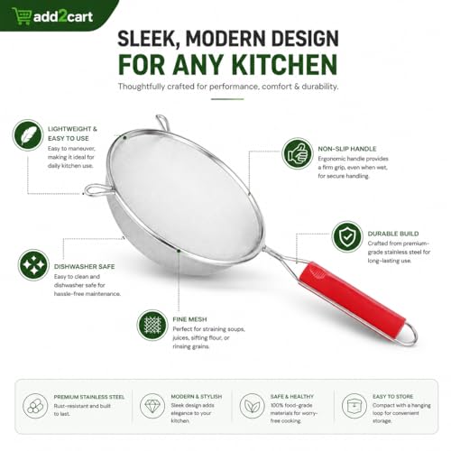 Image of ADD2CART Multipurpose Stainless Steel Strainer for Vegetables, Fruits, Soup & Juice - Kitchen Tool with Red Handle (Silver) - Best for Tea & Rice Use (16CM)