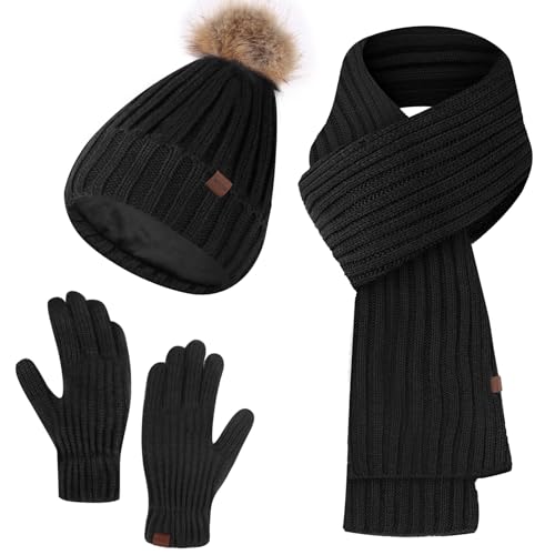 Womens Winter Beanie Hat Scarf Gloves Set Knit Warm Beanie with Pom Pom Long Scarf Touch Screen Gloves Set
