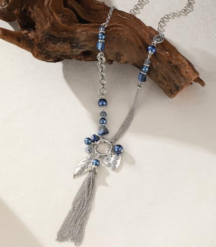 Boho Long Pendant Necklaces for Women Silver Long Sweater Chain with Beaded Tassel Pendant Fashion Costume Jewelry Gifts for Her3