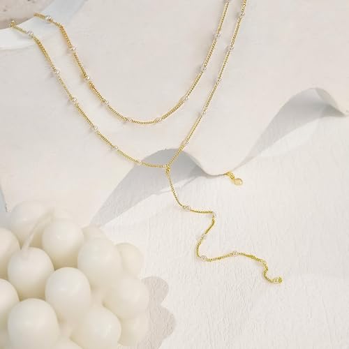lariat gold necklace for women dainty long necklace 14k gold platedsilver y-shaped pendant drop chain trendy layered pearlbeadedcz necklaces simple gold jewelry for women gift