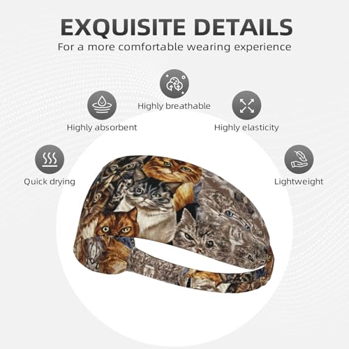 Boys Girls Sports Sweatbands, Boho Style Long Hair Band for Running Travel Spa, Lovely Cute Cats Art Headdress Hair Decor4