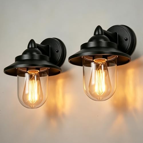 Image of HARPER LIVING Outdoor Wall Lights Set of 2, Retro E27 Lantern with Clear Glass Shade, IP54 Weatherproof Aluminum Die Cast, Black Traditional Exterior Lamp for Porch Front Door Garden Patio